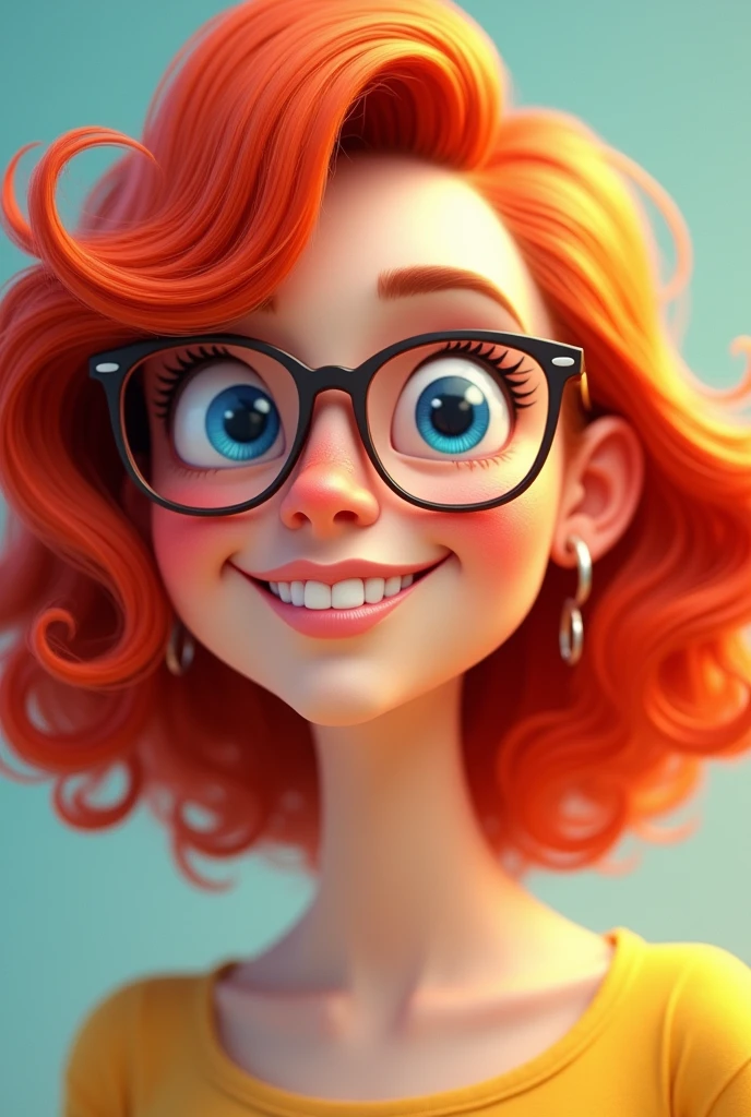 Red curly shoulder length hair, woman, glasses, animated,, smile, button nose, blue eyes,