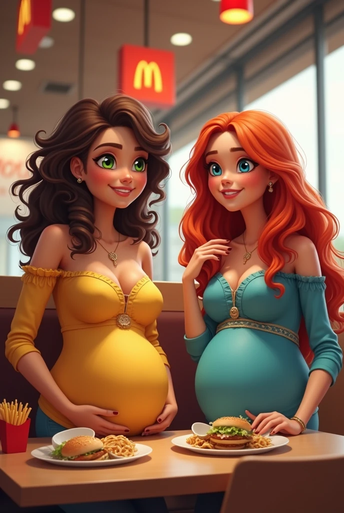 A brunette girl, green-eyed, curly-haired pregnant girl and a red-haired girl with long hair, blue eyes pregnant, The two are eating at a McDonald's