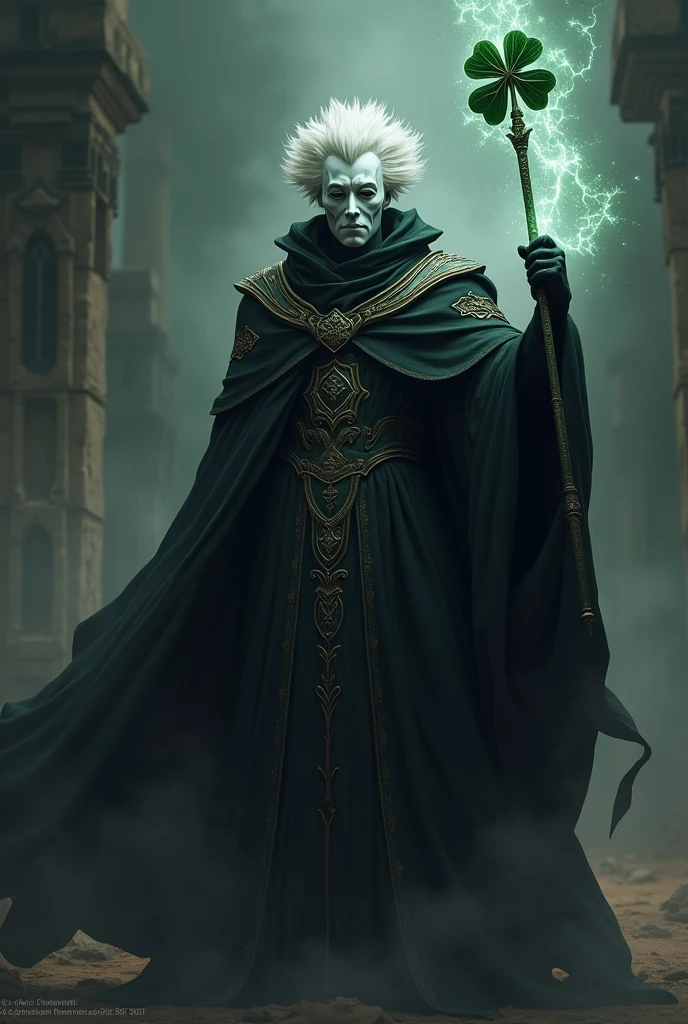 A man in black robes, he has white hair and wears a white mask that has a clover symbol on it. He holds a magic brush with the power of darkness.