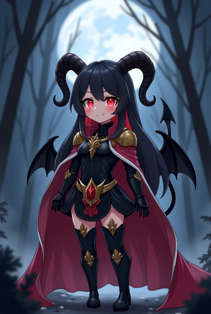  anime beautiful and cute girl, glowing red eyes, long black hair, rather long demon tail . Black, red and gold armor with a red and white noble cloak. Standing in the moonlight in the dark forest, shining in the landscape. A beautiful smile on the lips, almost hidden saw teeth, two small black ram's horns , looking at you while she turns right but her head turns to you . black wings sticking out from the waist with golden plates on the shoulder of the wings . happy and blushed face . D-cup tits