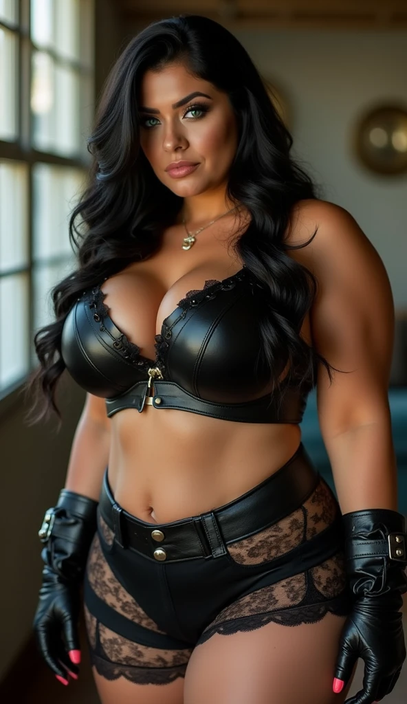 stunning and gorgeous voluptuous biker babe with huge breasts and thick thighs, thicc curvy body, tiny waist, hourglass figure, black leather and lace bra, black leather and lace boxing shorts, stockings, heels, muscular, curvy, thicc, thick thighs, jet-black hair, beautiful green eyes, huge breasts, leather and lace clothes, thicc girl, voluptuous woman,