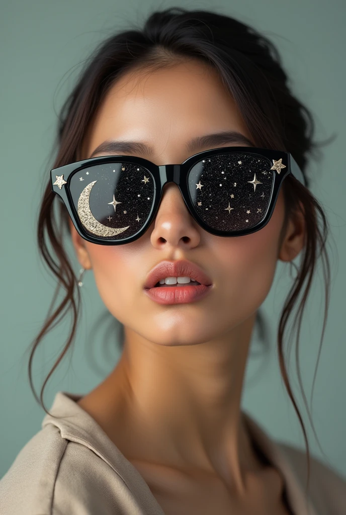 The model is wearing glass sunglasses with stars and the moon on the glass
