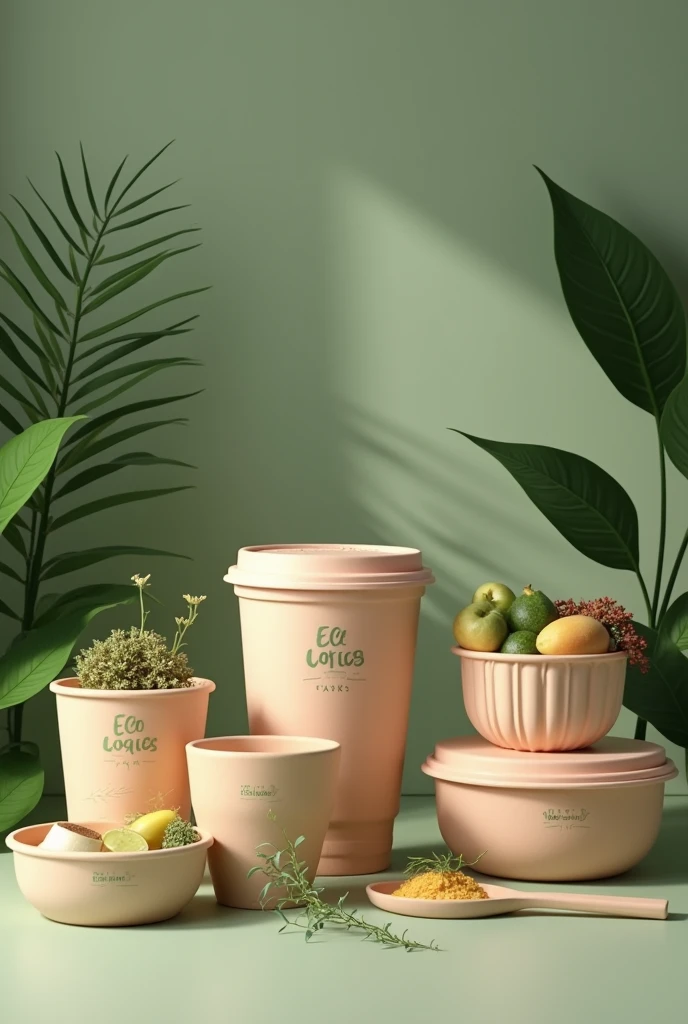 I would like you to generate an image of biodegradable food containers with the name (Eco Logic Packs) that the name appears on the product of glasses and containers 
