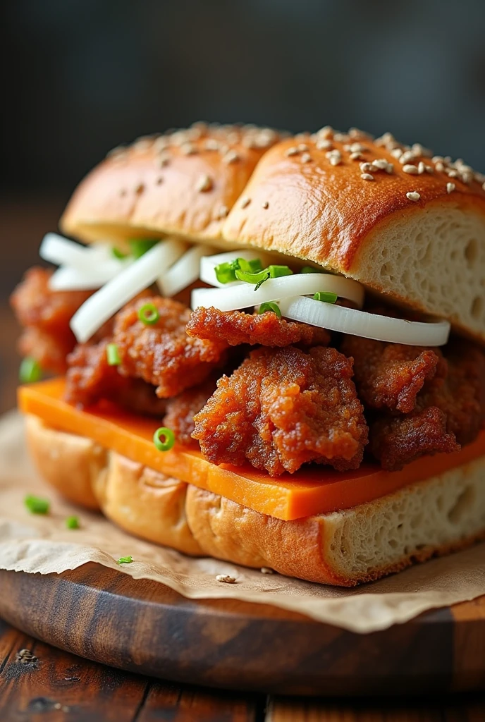 Fried pork in medium-sized pieces like chicharon with sweet potato and fresh julienned white onion inside a Peruvian sandwich-style French bread