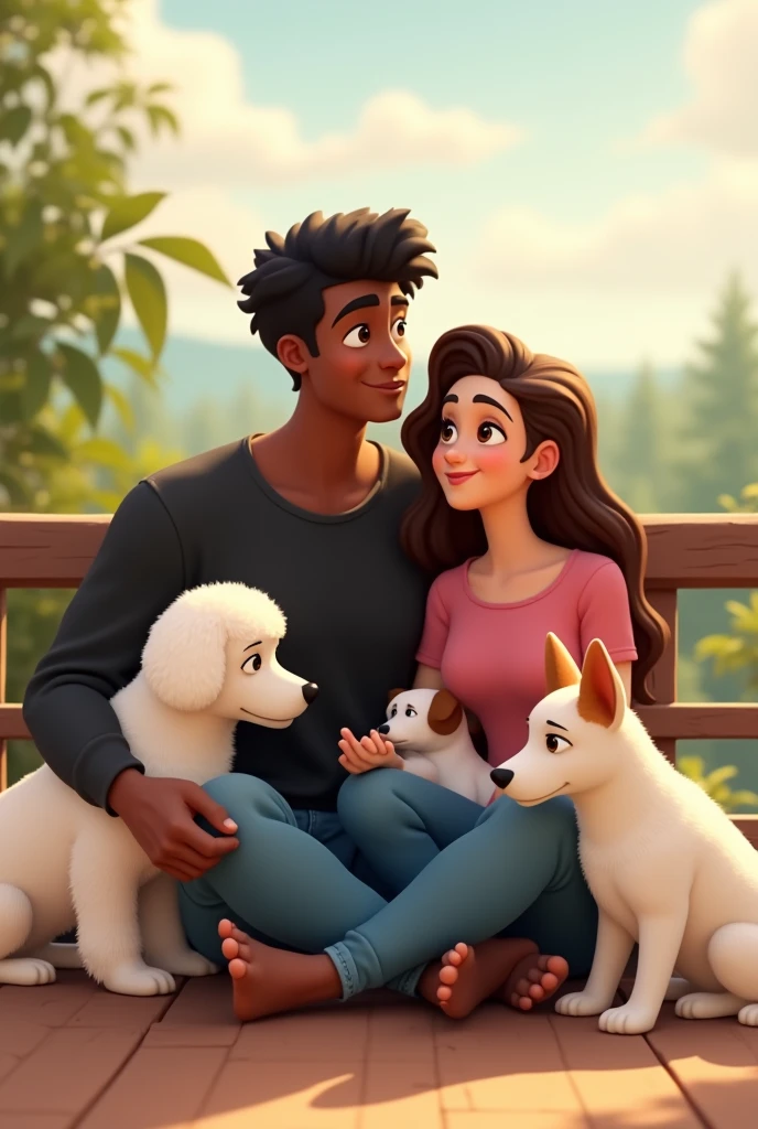 an animated image showing a tall young man, delgado, strong, moreno, black hair, dressed in jeans and a long-sleeved black shirt, to a young woman, long brown hair, short stature, slim, White skin, dressed in jeans and a pink shirt,sitting on a viewing platform accompanied by a white French poodle, small size, a medium-sized long-haired Maltese dog and a large-sized white female dog with brown spots on her back and brown ears