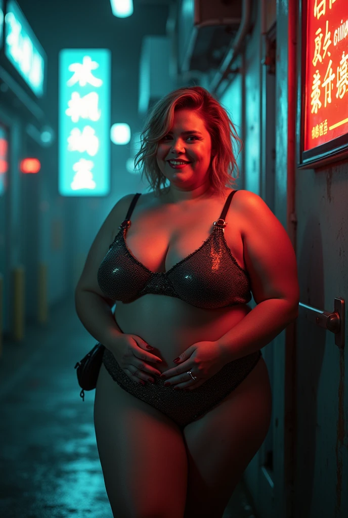 Old fat Woman, fiftt years old, fat body, Black skin, african style , short hair, almost naked body, ((fullbody view)), wearing a transparent babyDoll, about 5 meters way camera, wearing a big pair of glasses, thick lips, drunk face, drinking a beer, showing her small and large waist, stand close a graffiti wall, at the night, Full moon in sky, in an alley of Brazilian street, near to trash