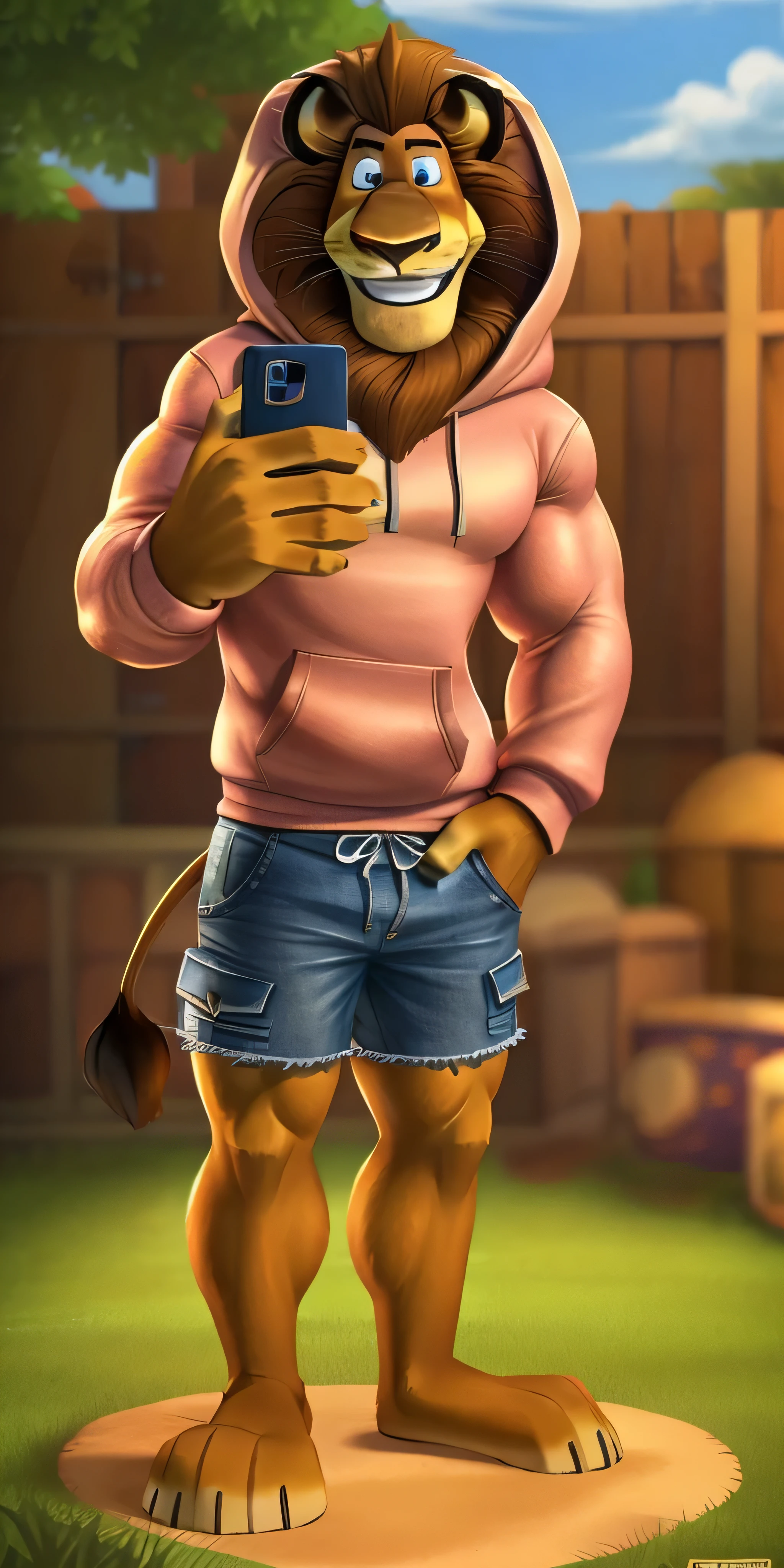 Alex the Lion, muscular body, big biceps, extremely beautiful and cute face, perfectly detailed blue eyes with perfectly detailed pupils, wears pink sweatshirt, hood, denim cargo shorts, bare feet, yard background, selfie, friendly look, smile