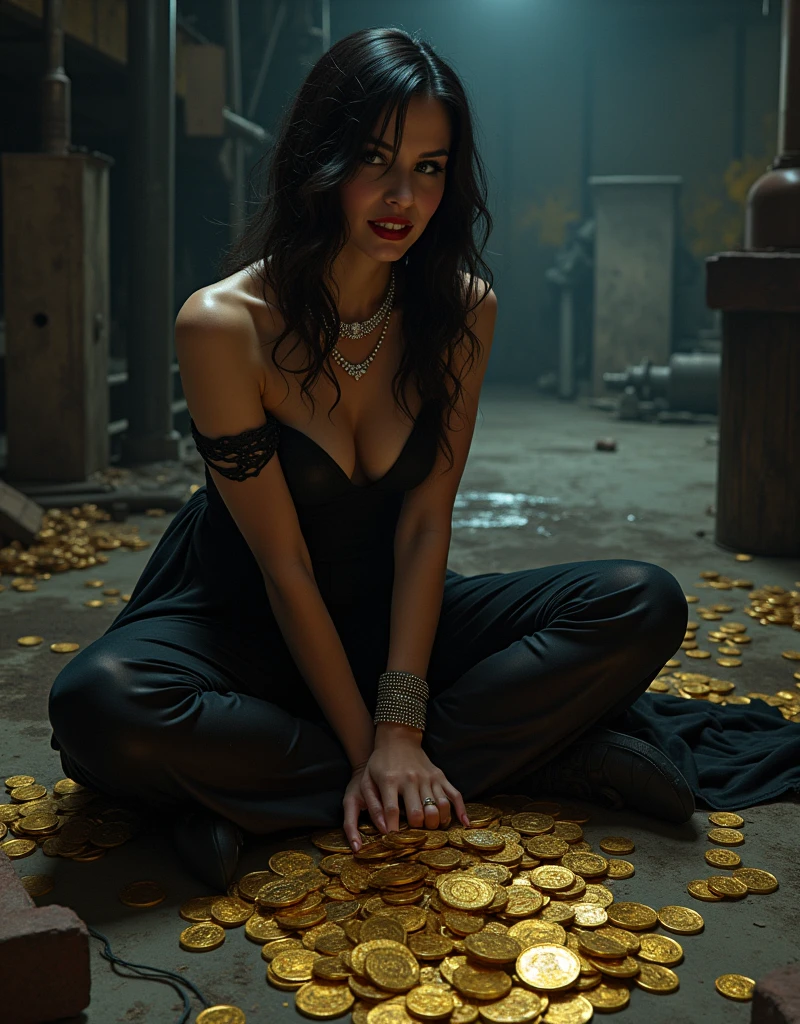 In a dark, industrial hideout, a callous femme fatale of unparalleled beauty sits on a pile of gold coins, her dark lips twisted in a mischievous smile as a man is bound and gagged at her feet. She strokes her chin, crowned by a diamond-studded necklace, and watches us with cold, calculating eyes as if she is weighing the value of each poor life.