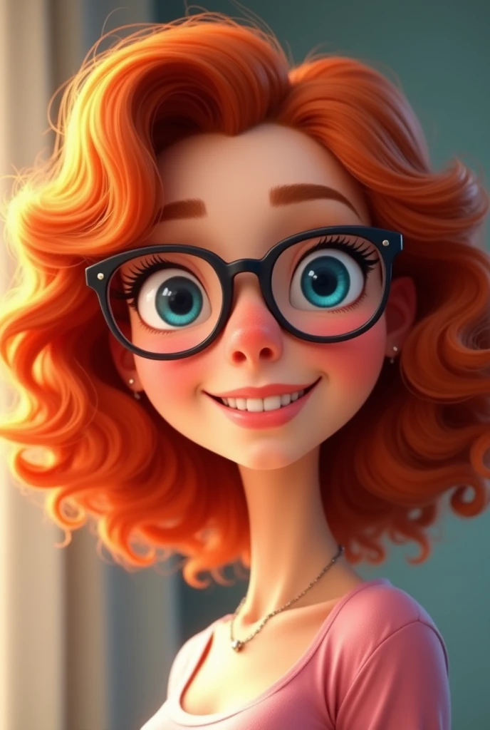 Red curly shoulder length hair, woman, glasses, animated, smile, button nose, blue eyes,