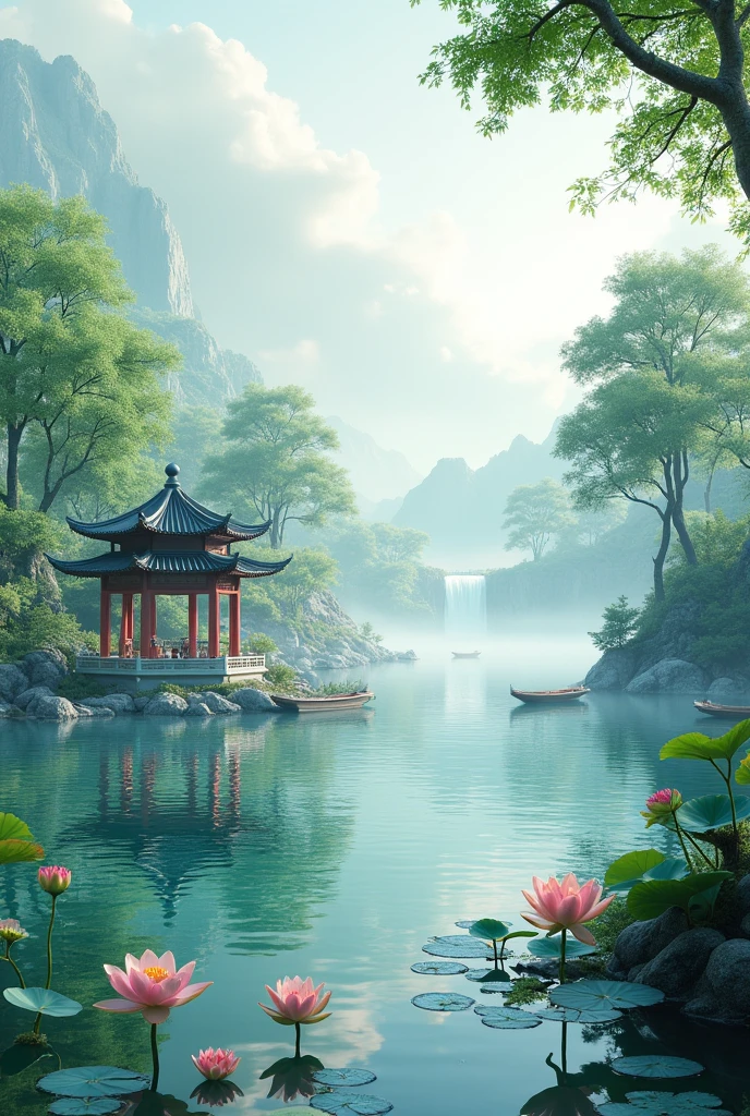 real rendering,The interior is brightly lit,Outdoors during the day,Don't look at the night view,Best quality at best,highly detailed,tmasterpiece,ultra - detailed,extremely detailed CG unity 8k wal,tmasterpiece,best qualityer,Chinese martial arts style,There are water lilies,There are lanterns,There are boats in the water,Lake surface,lotuses,The beautiful,(( (Chinese martial arts style))), The sky is vast, Even the mountain cliffs, ink wash style, Contour light, Atmospheric atmosphere, depth of fields, The fog rises, bamboos, pines, Octagonal stone pavilion, Flying waterfalls,