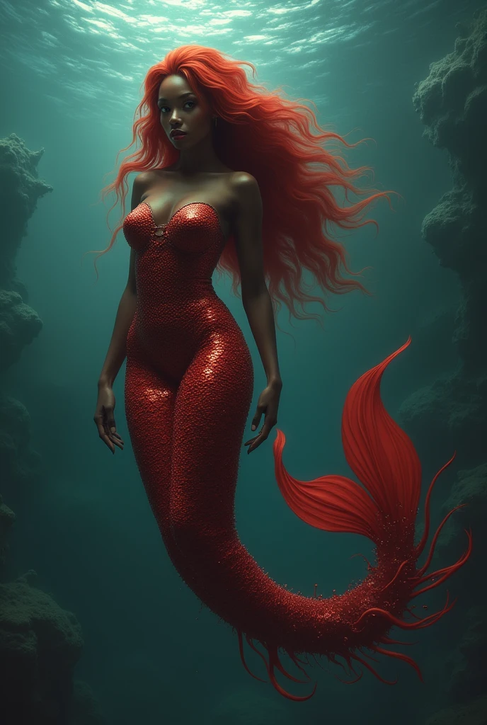 Blonde。Red scales and tail fin。Mermaid captured by an octopus。