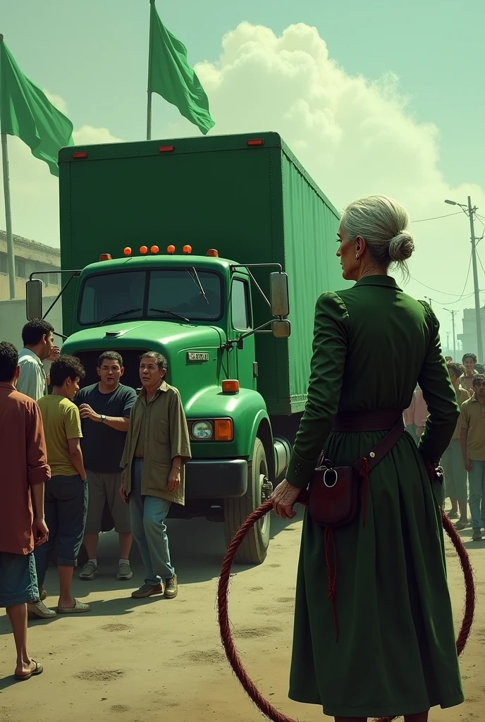 Create a green truck with open grills full of crying people, with green flags raised. And an elderly woman, with pockets full of money and with a big whip with blood, waiting for people to finish getting into the truck
