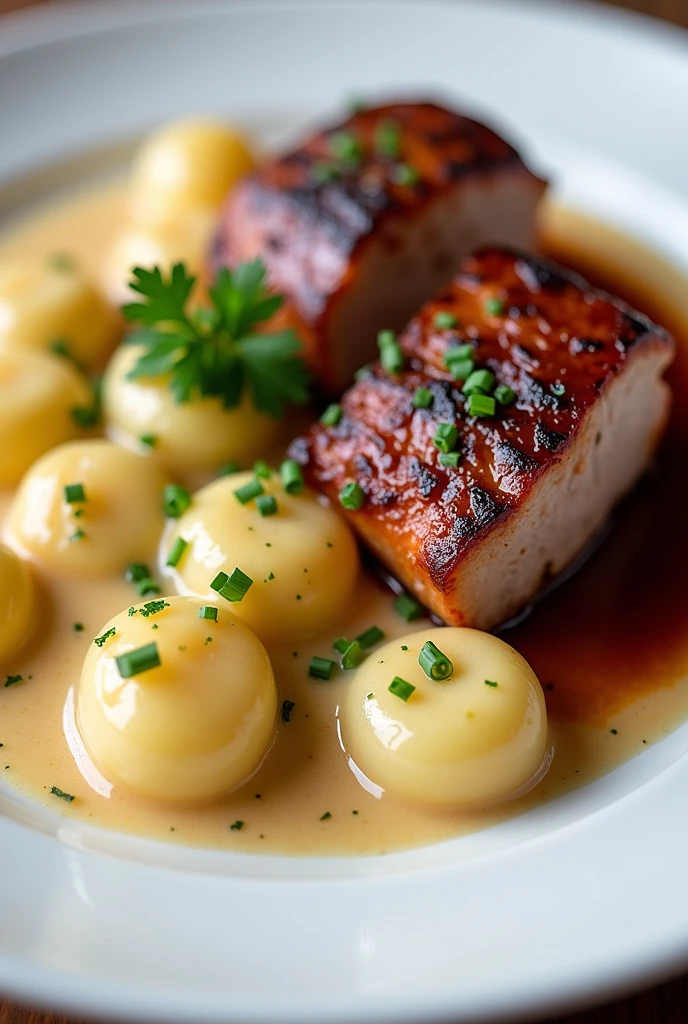 Please, Create as realistic an image as possible of an elegant dish showing potato gnocchi smothered in a creamy 4-cheese sauce, accompanied by round-shaped medallions of fine pork loin bathed in a red wine sauce. The plate should be white or a neutral color to highlight the colors of the food.. Decorate with chopped chives on the gnocchi and, If possible, Add a few sprigs of parsley for a finishing touch. Make sure that both the gnocchi and the loin are well presented, with the 4 cheese sauce and red wine sauce clearly visible for an authentic presentation
