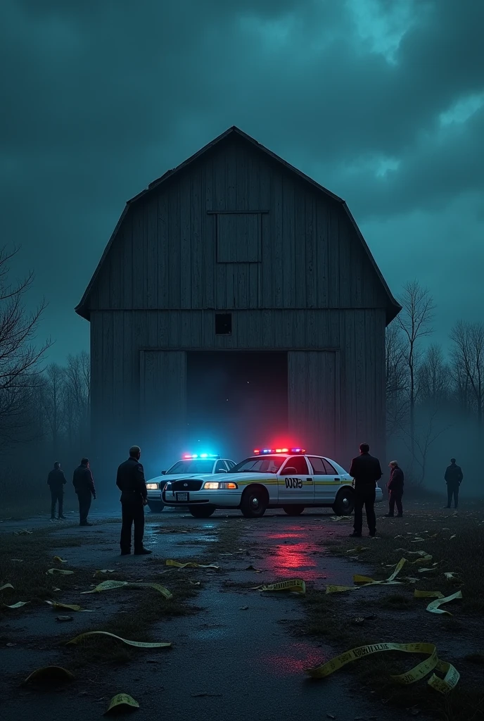 A large abandoned barn, insulation tapes, police vehicles and police officers. it's night.