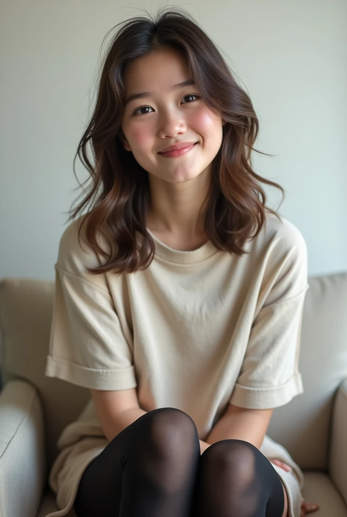 Cute -age l, in a shirt, skirt, black tights sitting on the chair, realistic photo