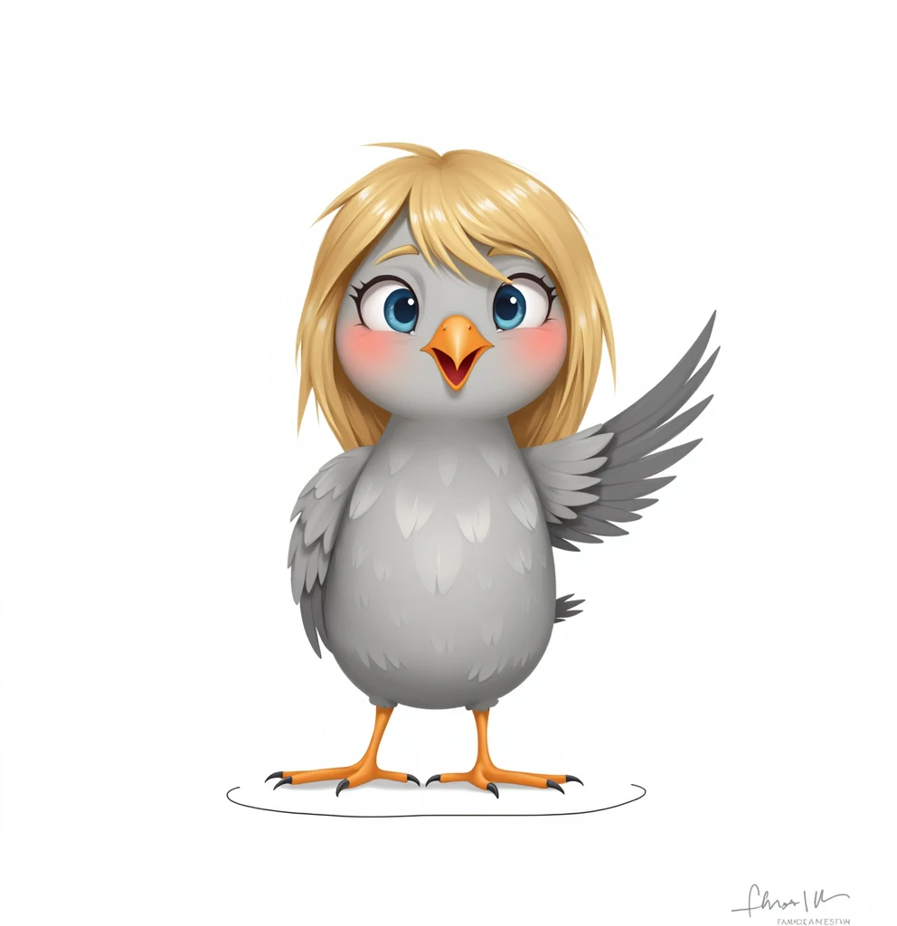 gray bird mom with yellow hair in red dress
