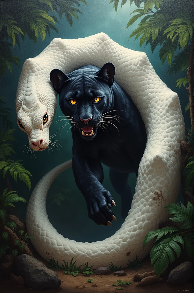 "Lukisan cat minyak bergaya realis, a black panther with glowing eyes is fighting a giant white snake in the middle of a dark tropical rainforest, dramatic lighting, focus on the details of the skin texture and scales, tense atmosphere."