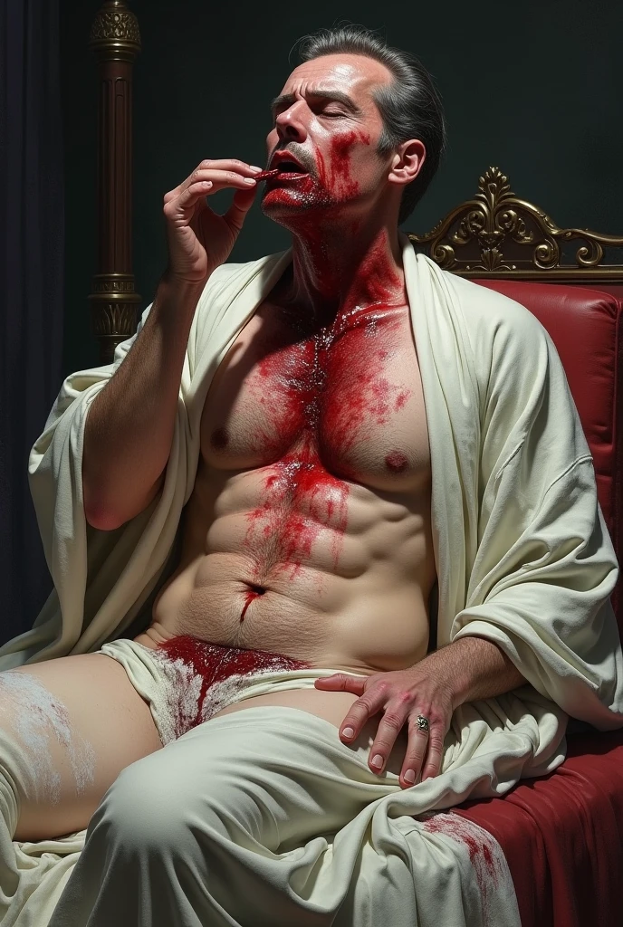 a weakened emperor sitting up in bed, vomiting blood into his hand, with bloodstains on the bed and the emperor's chest, his crotch fully of white fluid