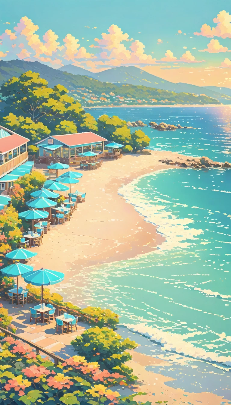 Seaside restaurant,landscape,Sea, pixel ,pastel, No people,beach