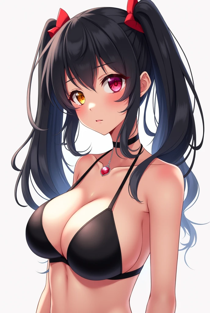 An anime girl with black hair and 2 pigtails, with 1 red eye and one yellow eye while wearing a bikini Black while the halo of her tits is partially visible She also has big breasts. While you can see a bare chest