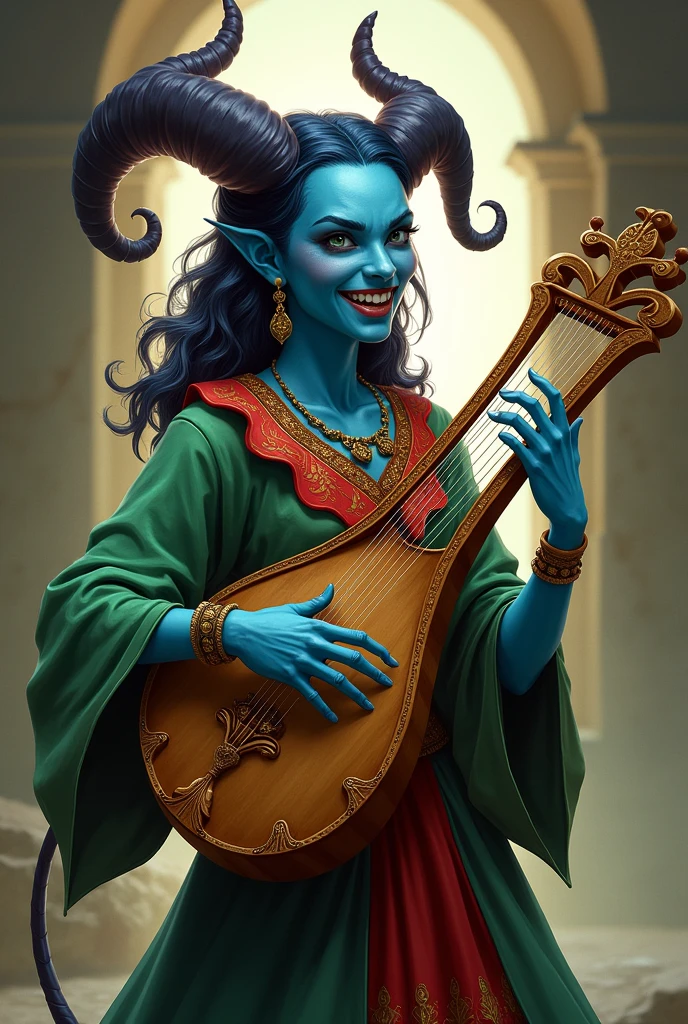 tiefling bardo, playing a lyre, green clothes with red, ash blue skin, cheerful woman