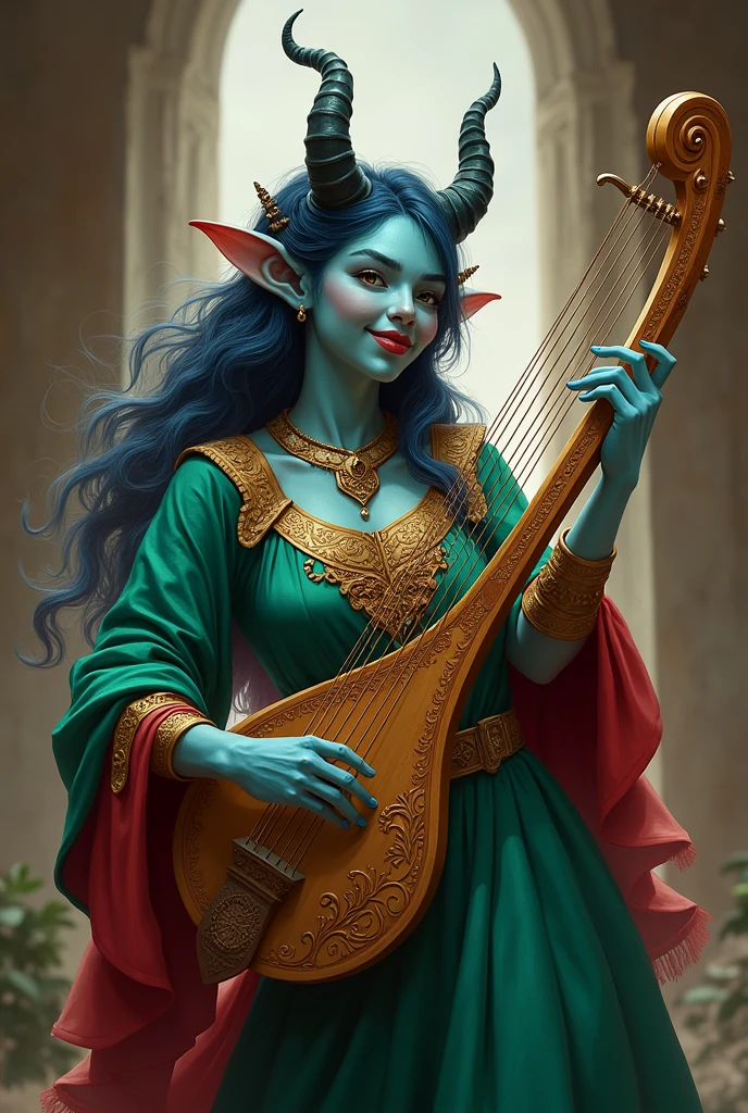 tiefling bardo, playing a lyre, green clothes with red, ash blue skin, cheerful woman