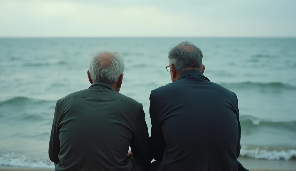 In the style of real movies,An old man and a young man sitting together,Turn your back to the camera and don't show your face,Facing the sea