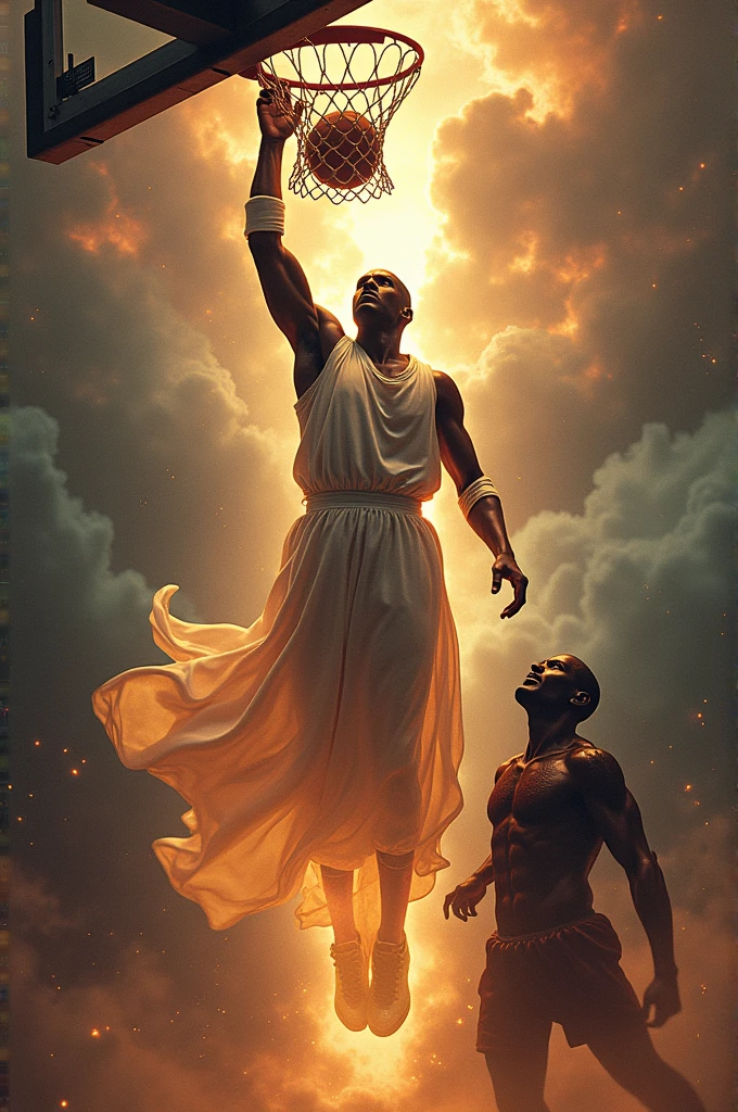 Micheal Jordan black Jesus defeating the devil in a basketball match doing his signature freethrow line dunk