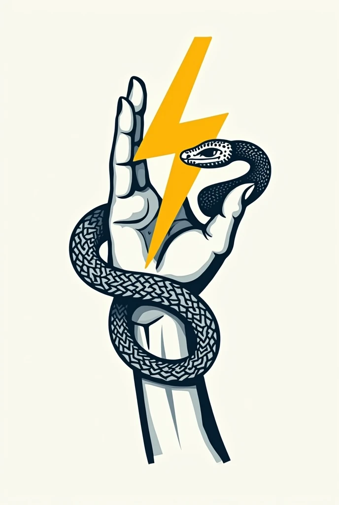 Let&#39;s make a logo, of physiotherapy, create a forearm and a hand. The forearm must be surrounded by 2 snakes, one on each side, which reach to the wrist, In the hand you must hold a 4-pointed yellow lightning bolt horizontally
