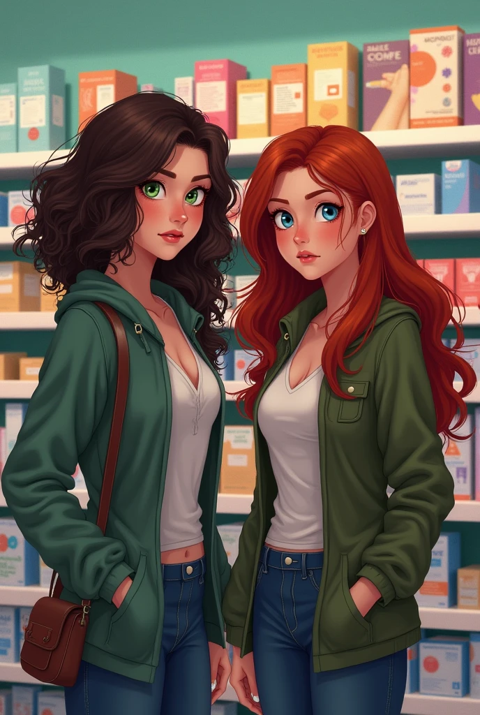 A brunette girl, with green eyes and curly hair and a red-haired girl with long hair, blue eyes buying pregnancy tests