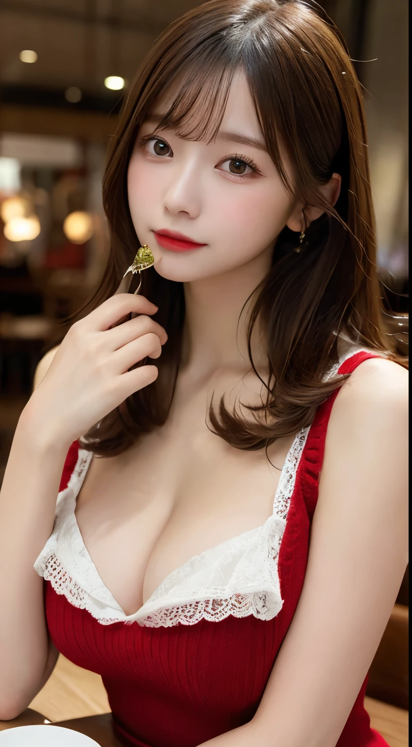 Tabletop, highest quality, figure, Very detailed, In detail, High resolution, 8k wallpaper, Perfect dynamic composition, Beautiful fine details, Natural Lip, Red knit dress , Big Breasts, Cleavage