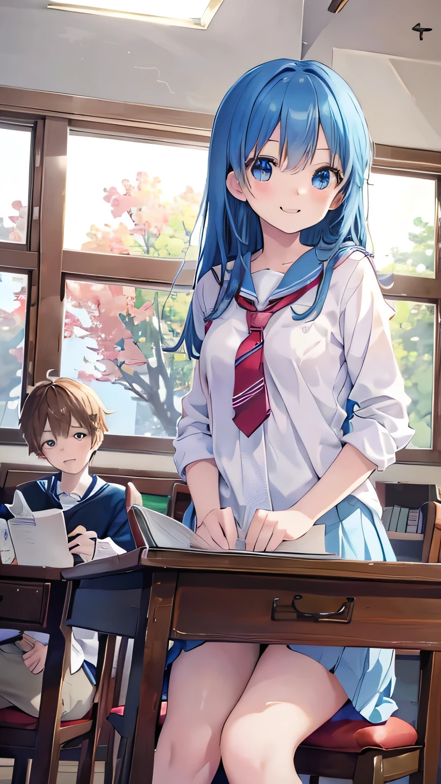 Create an anime-style image set in a bright and cozy library. The scene features two high school students, a boy and a girl, sitting side by side at a wooden desk. The boy is wearing a cutter shirt with a tie and pants, while the girl is dressed in a sailor-style uniform with a skirt. They are sitting side by side, with open books spread out on the desk in front of them, studying together. Both students are holding pens, writing something in their notebooks while looking at the books on the desk. They are smiling and enjoying each other's company. The scene is viewed from the front, showing their faces and the warm, soft light illuminating the space, creating a cheerful and pleasant atmosphere. In the background, large windows reveal a clear summer sky with vibrant blue colors, enhancing the fresh and lively ambiance. The bookshelves filled with books further emphasize the library setting.