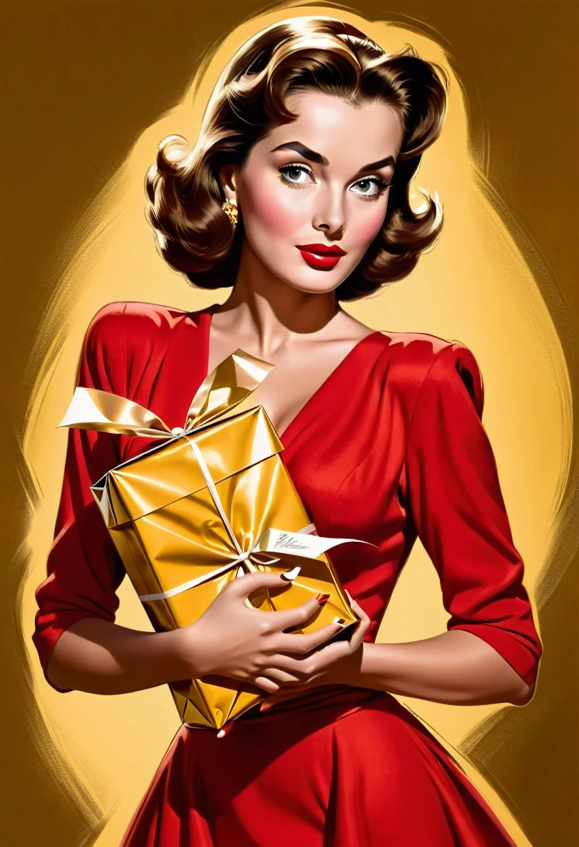 portrait of a beautiful sexy woman in a red dress, 1950s style, brown hair and eyes, holding a GOLDEN PACKAGE, comic book style. She is wearing a very beautiful outfit, her face is elegant and she is young.
