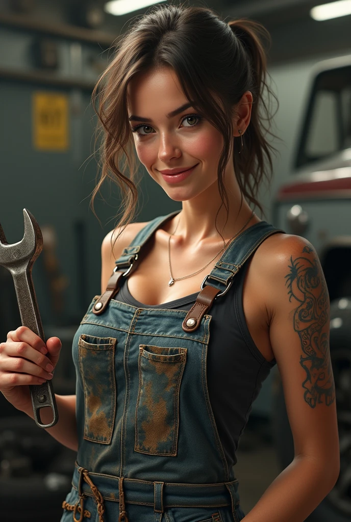 ((best quality)), ((masterpiece)), (detailed), Charming female mechanic covered in grease,Confident smile,looking at camera,(Dirty and rough charm:1.2), (A tenacious and confident demeanor:1.1), (Mechanical expertise:1.3), disheveled hair, With a naughty smile on his face,dirty, The stained overalls hugged her curves, (Tough Tools of the Trade:1.2), Messy repair shop, Scattered car parts, (Real car atmosphere:1.2), (intense gaze:1.1), 她dirty手裡緊握著扳手, 8K resolution,looking at another, look away,( Tattoo:1.2), masterpiece, best quality,Realistic, Ultra-high resolution, Photographic lights