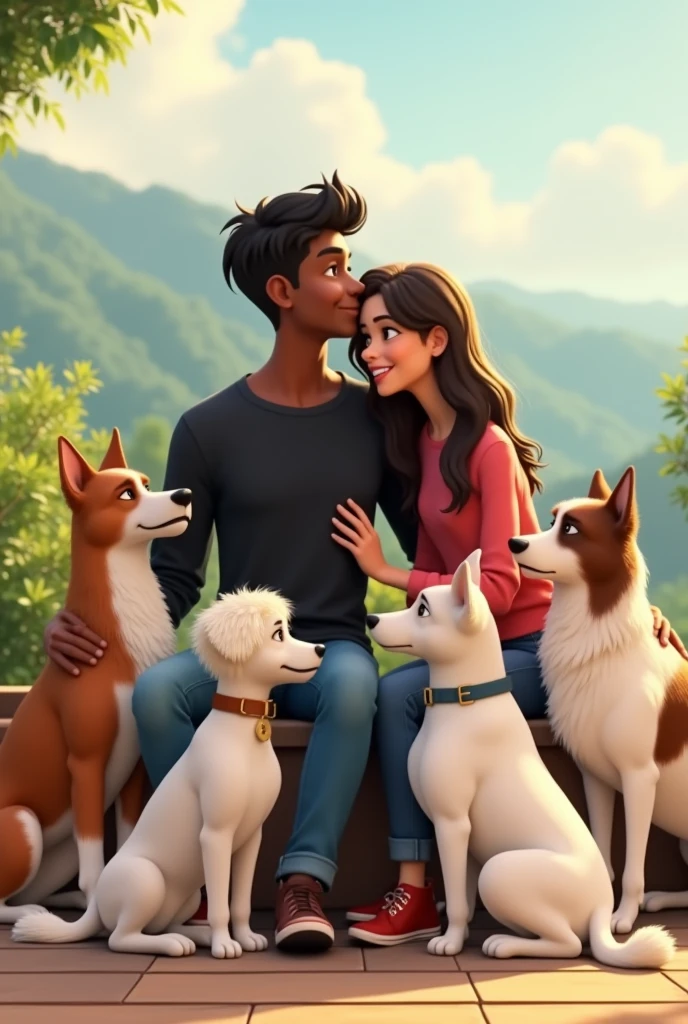 an animated image showing a tall young man, delgado, strong, moreno, black hair, dressed in jeans and a long-sleeved black shirt, to a young woman, long brown hair, short stature, slim, White skin, dressed in jeans and a pink shirt,sitting on a viewing platform accompanied by a white French poodle, small size, a medium-sized long-haired Maltese dog and a large-sized white female dog with brown spots on her back and brown ears