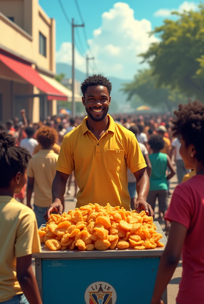 A chip vendor stands outside a school exit in Haiti. College students rush to buy. They are happy, Cadre typiquement haïtienne 