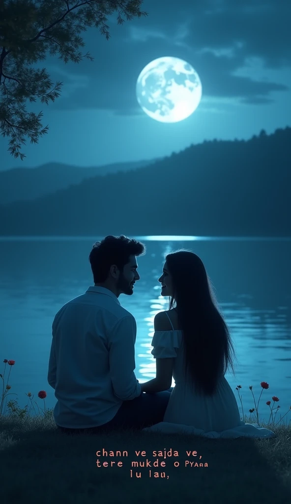 A serene, moonlit night with a couple sitting by a lake. The moon is reflecting on the water, and the man looks lovingly at the woman as she smiles softly. The atmosphere is calm and romantic, with the soft glow of the moon highlighting their faces. The lyrics "Chann ve sajda ve, Tere mukhde to pyaara" are subtly inscribed at the bottom.