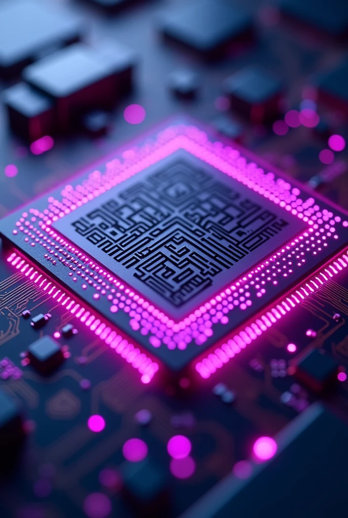 Snapdragon 8 Gen2 chip with purple neon terminals horizontally in great detail showing it and all the circuits