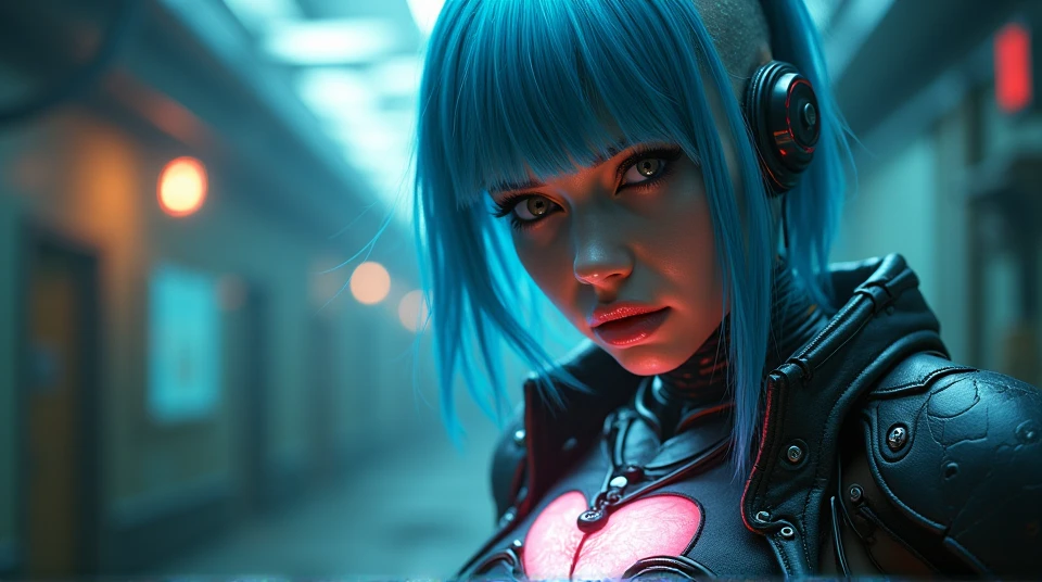 Beautiful gorgeous cyberpunk cyborg woman showing her glowing heart, photo 50 mm, cyberpunk eerie background, blue partially shaved hair, hair bangs