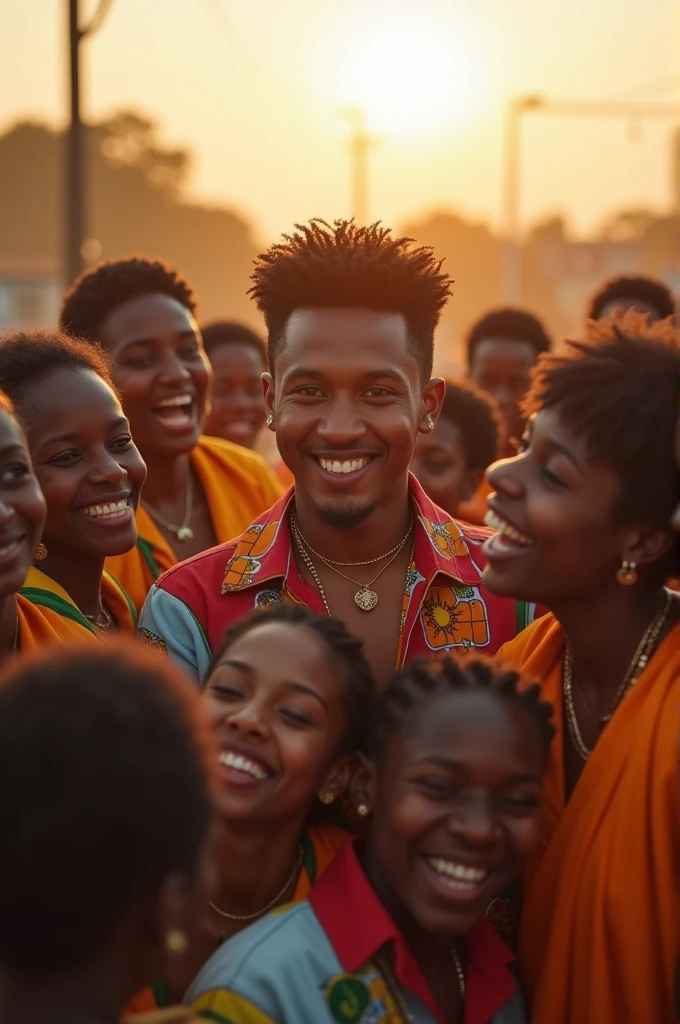 Min Yoongi, a South Korean rapper, stands in the center of the photo with a group of young Ethiopian women surrounding him. The women are dressed in brightly colored traditional Ethiopian clothing, and the sun shines down on them, casting a warm golden light over the scene. Yoongi is smiling and looks happy to be there, and the women are all beaming with excitement. The photo captures the joy and energy of the concert and the connection between Yoongi and his fans.