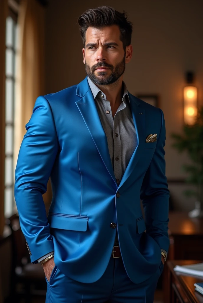 40 years old,daddy,"blue satin suit ",hd ,in the office,"big muscle", gay ,black hair, face,masculine,strong man,boss ,handsome,lecherous dad, ,dad is handsome, horny dad, very big bulge in satin blue suit trousers, musculer chest, big well maintained beard, moustache, boss, sexy, thick thighs