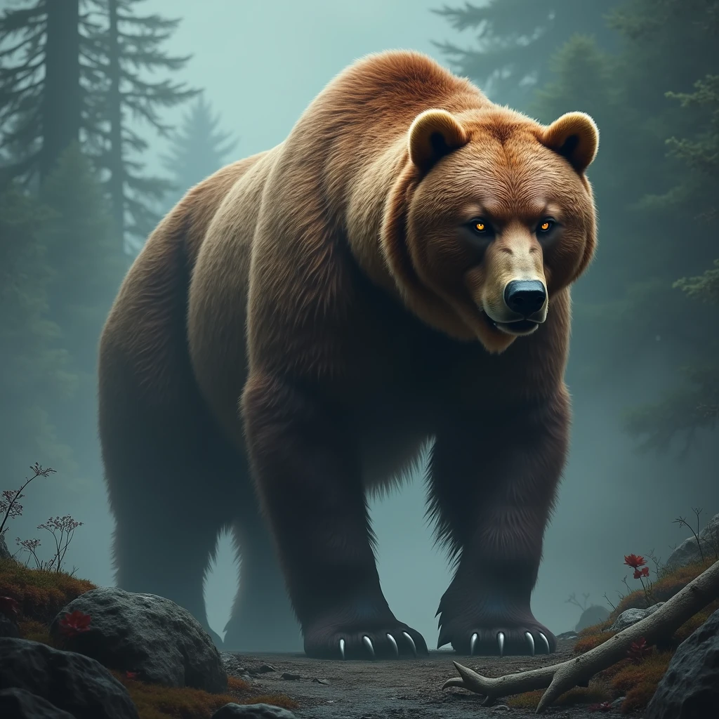 brown bear, Dark Fantasy, Overcast, Mystical, Ambient Occlusion, Desaturated, Achromatic, (best quality, masterpiece, photorealistic), very aesthetic, perfect composition, intricate details, ultra-detailed, vivid colors