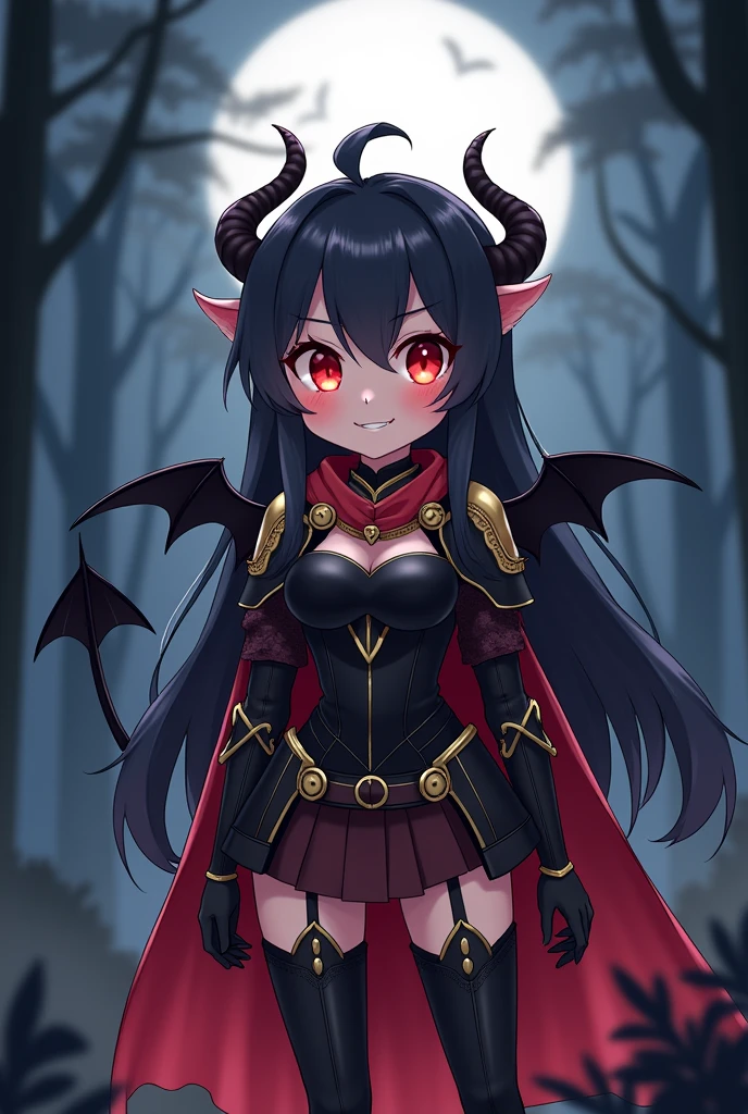 anime beautiful and cute girl, glowing red eyes, long black hair, rather long demon tail . Black, red and gold armor with a red and white noble cloak. Standing in the moonlight in the dark forest, shining in the landscape. A beautiful smile on the lips, almost hidden saw teeth, two small black ram's horns , looking at you while she turns right but her head turns to you . black wings sticking out from the waist with golden plates on the shoulder of the wings . happy and blushed face . D-cup tits