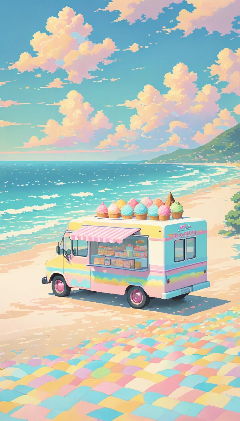Sea, pixel ,pastel, No people,beach,Ice cream truck