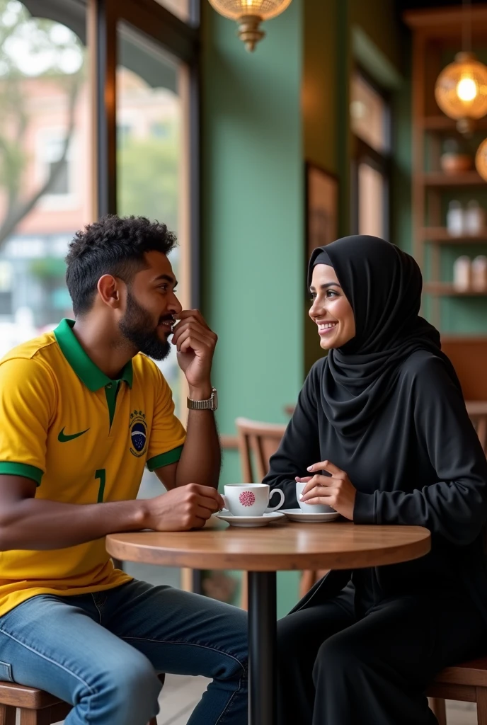 Create an image of a Brazilian man wearing a Brazilian national team shirt and jeans sitting in a cafe, drinking black coffee with her Saudi female friend who is dressed in veil and black clothes, typical saudi women's clothing