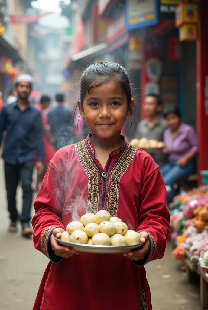 I want to create a typical cultural photo where a person wearing daura sural carrying a momo 