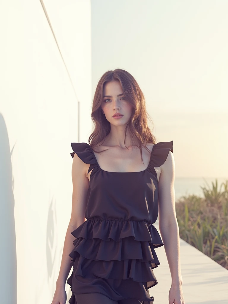 a woman wearing a ruffle mini dress, beautiful detailed eyes, beautiful detailed lips, extremely detailed eyes and face, long eyelashes, high fashion editorial, flowing elegant movement, sunlit outdoor setting, natural lighting, golden hour, warm colors, cinematic composition, highly detailed, photorealistic, (best quality,4k,8k,highres,masterpiece:1.2),ultra-detailed,(realistic,photorealistic,photo-realistic:1.37)