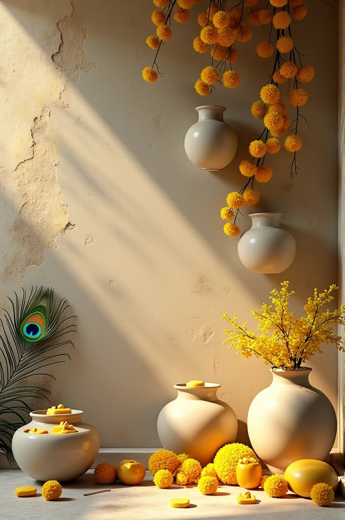 Background wall like temple wall, On the wall hang pots full of butter and yellow flowers. On the floor are some pots, a flute and a peacock feather.