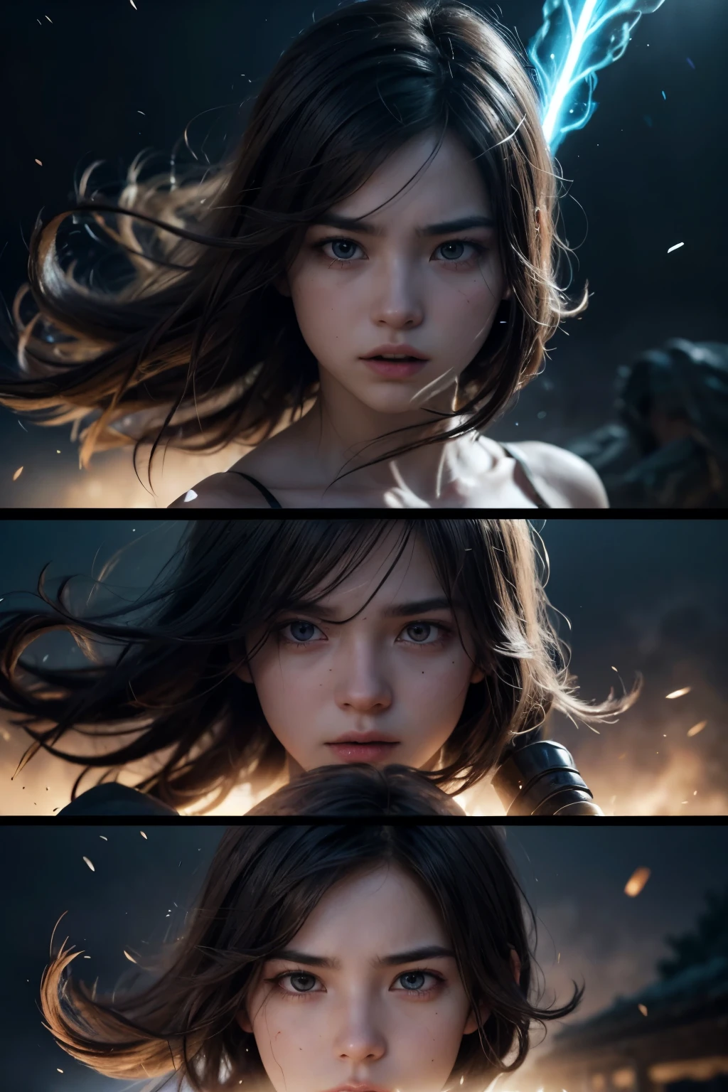 Create an anime-style image of a age warrior in an epic magical battle, focusing on the intense expressions and detailed features of the characters' faces. The scene should have a dynamic 3D game-like perspective, with the warrior in close-up, casting powerful spells or swinging a mystical weapon. The background should be filled with swirling magical energies, flashes of light from spells, and other combatants, with the focus on the tension and emotion in the characters' eyes. Use vibrant colors and dramatic lighting to emphasize the action and emotions of the battle