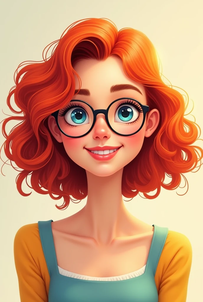 Red curly shoulder length hair, woman, round glasses, animated, smile, blue eyes,